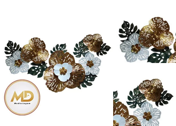 Wall Decor Bunga Metal Gold Putih – Mewah Siap Pasang