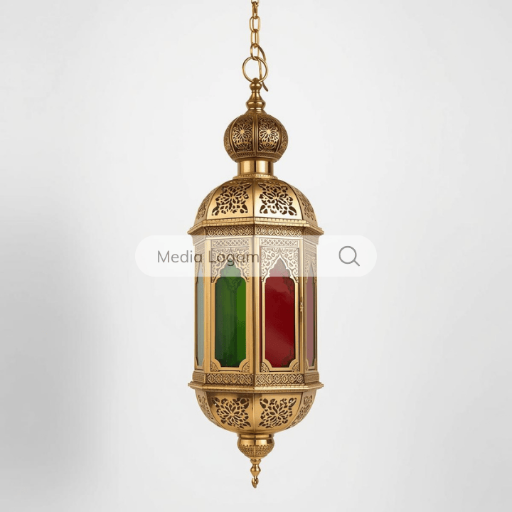 Lampu Gantung Arabesque Premium: Dekorasi Ramadan Klasik Gaya Maroko 9 Lentera Hias Kaca Merah Hijau produksi Media Logam Boyolali