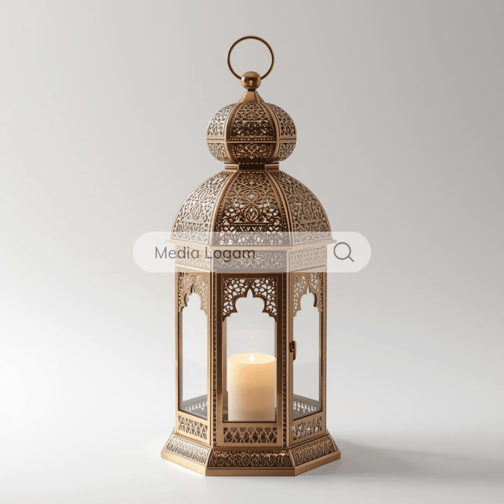 Lampu Gantung Arabesque Premium: Dekorasi Ramadan Klasik Gaya Maroko 4 Lentera hias logam berwarna emas dengan ukiran detail