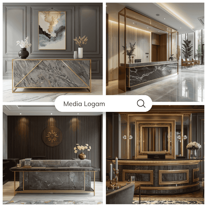 10 Furnitur Lobby Gedung Tembaga & Kuningan – Supplier, Proyek & Pengrajin 3 Meja Resepsionis Tembaga Custom dari Media Logam