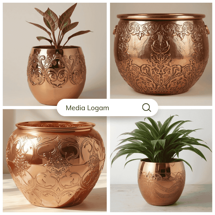 10 Furnitur Lobby Gedung Tembaga & Kuningan – Supplier, Proyek & Pengrajin 11 Pot tanaman tembaga premium dengan ukiran halus produksi media logam