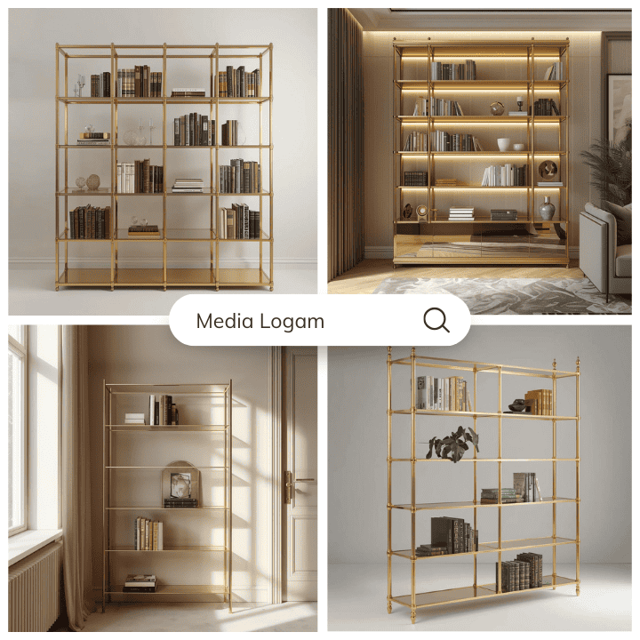 10 Perabot Ruang Keluarga Eksklusif Tembaga & Kuningan – Harga & Pengrajin 6 Rak Buku Kuningan Eksklusif karya Media Logam Boyolali