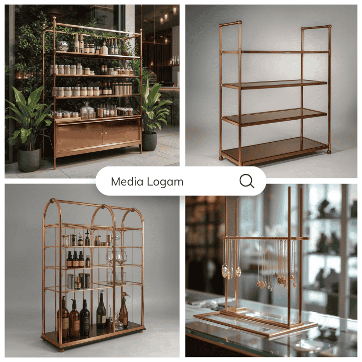 10 Furnitur Lobby Gedung Tembaga & Kuningan – Supplier, Proyek & Pengrajin 9 Rak Display Logam Custom dari Media Logam