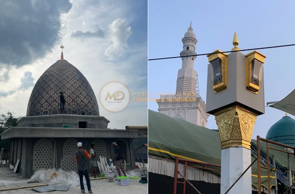 Pengrajin Tembaga Kuningan Boyolali Media Logam 4 Pembuatan kubah masjid dan mahkota pilar oleh Media Logam Boyolali dilakukan oleh tenaga ahli dengan teknik presisi, menghasilkan struktur kuat, desain elegan, serta nuansa islami yang mewah dan memukau di setiap sudut masjid.