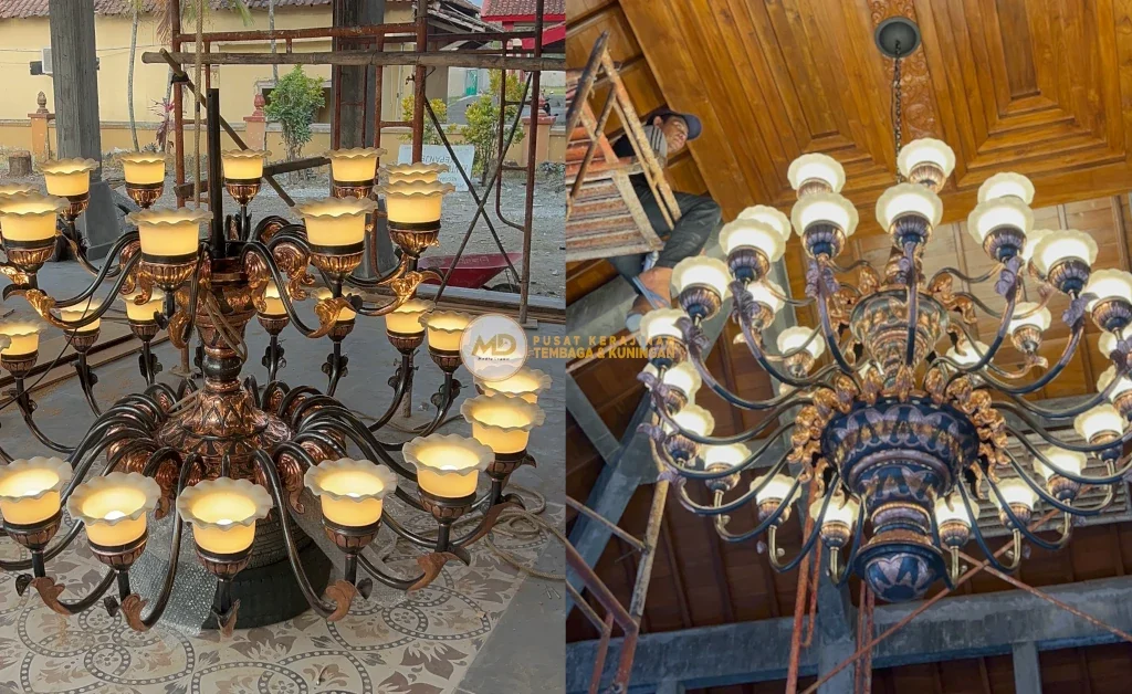 10 Inspirasi Lampu Gantung Ruang Tamu Custom: Material Tembaga Kuningan Langsung Pengrajin 12 Lampu gantung tembaga robyong untuk ruang tamu mewah, tampilan artistik dengan detail ukiran khas, pencahayaan hangat dan menenangkan, menciptakan nuansa klasik, berkelas, dan elegan, ideal untuk memperindah interior rumah bernuansa etnik maupun modern.